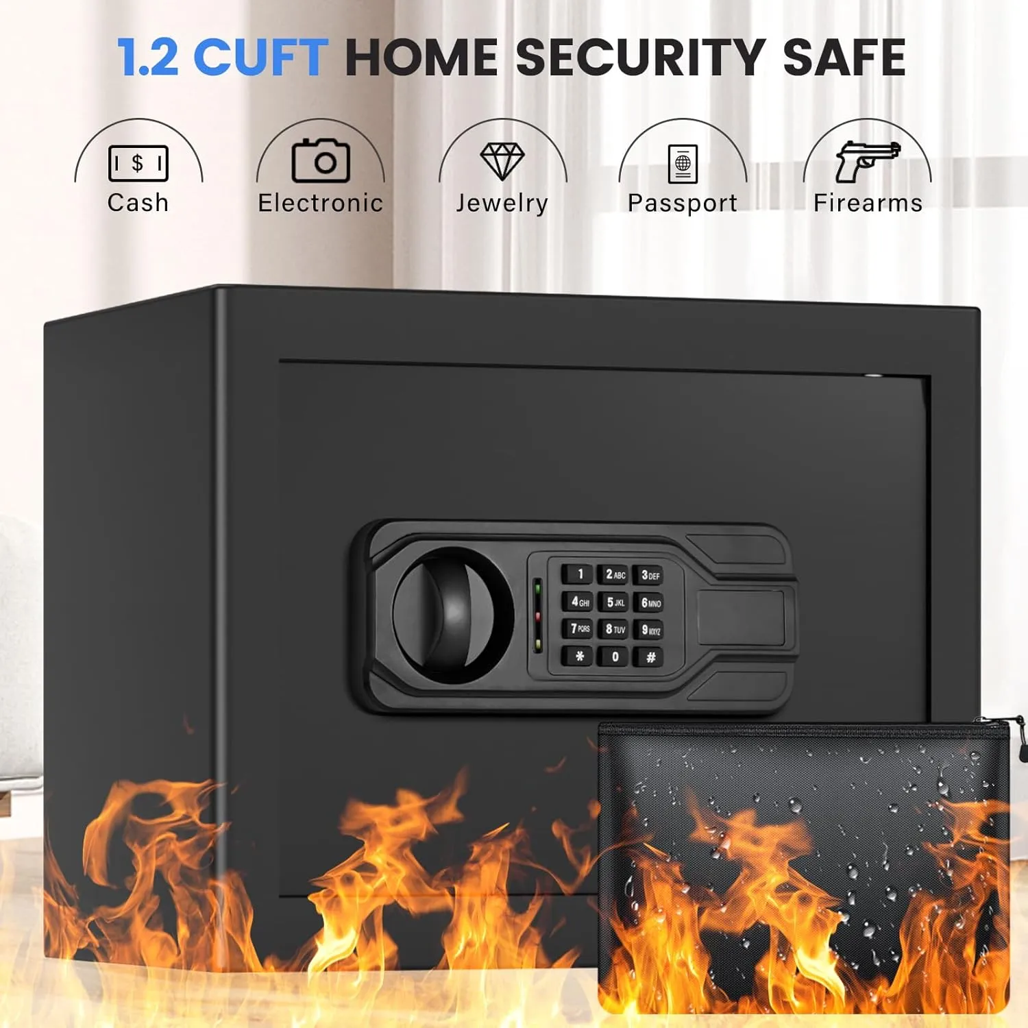 1.2 Cu Ft Home Safe Fireproof Waterproof, Small Fireproof Safe with Keypad and Removable Shelf, Digital Home Security Safety Box for Money Firearm Medicines Valuables