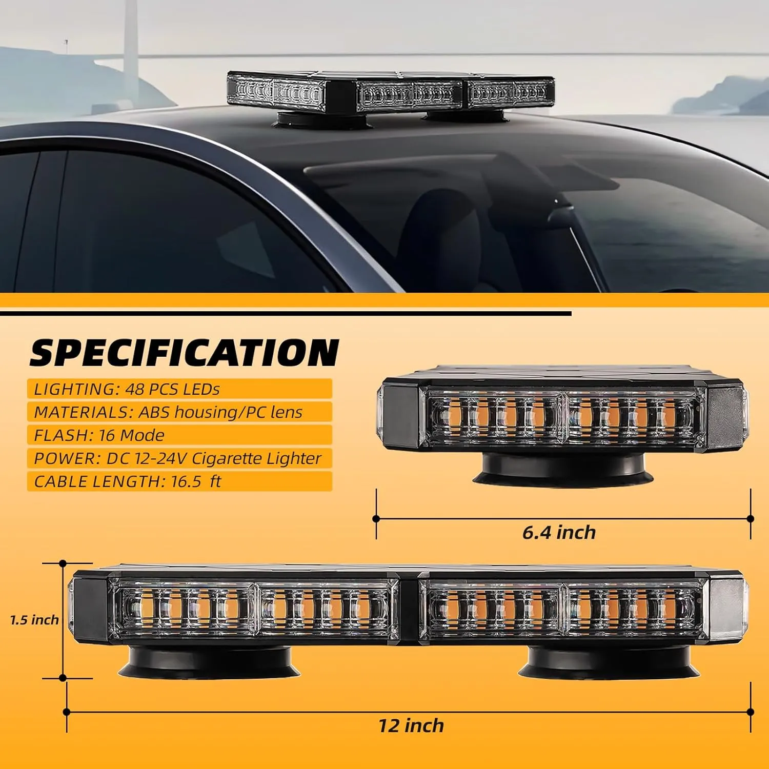 12 Inch Roof Top Beacon Emergency Strobe Lights w/Magnetic Base, Mini LED Warning Traffic Hazard Caution Light Bar for Construction Work Trucks Towing Vehicles Snow Plow (Amber/White)