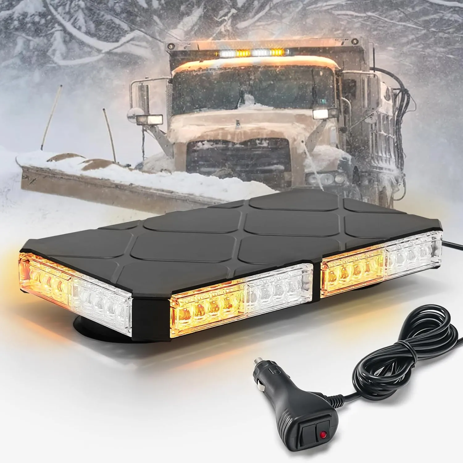 12 Inch Roof Top Beacon Emergency Strobe Lights w/Magnetic Base, Mini LED Warning Traffic Hazard Caution Light Bar for Construction Work Trucks Towing Vehicles Snow Plow (Amber/White)