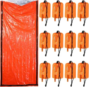 12 Sets Emergency Sleeping Bag, Survival Sleeping Bags with Whistle, 84"x 36" Portable Survival Bivy Sack, Waterproof Thermal Survival Blanket Survival Bag for Outdoor Camping Hiking Climbing