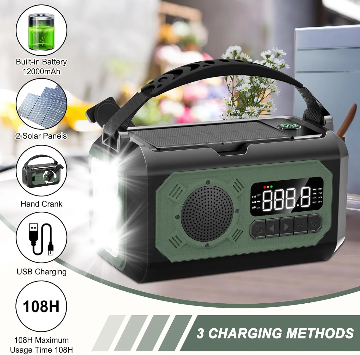 12000mAh Emergency Radio, Hand Crank Radio, Portable Weather Alert Radio AM/FM/NOAA, Solar Radio with Flashlight, Reading Lamp, SOS Alarm, Power Bank, for Home & Outdoor Emergency(Green)
