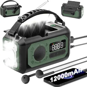 12000mAh Emergency Radio, Hand Crank Radio, Portable Weather Alert Radio AM/FM/NOAA, Solar Radio with Flashlight, Reading Lamp, SOS Alarm, Power Bank, for Home & Outdoor Emergency(Green)