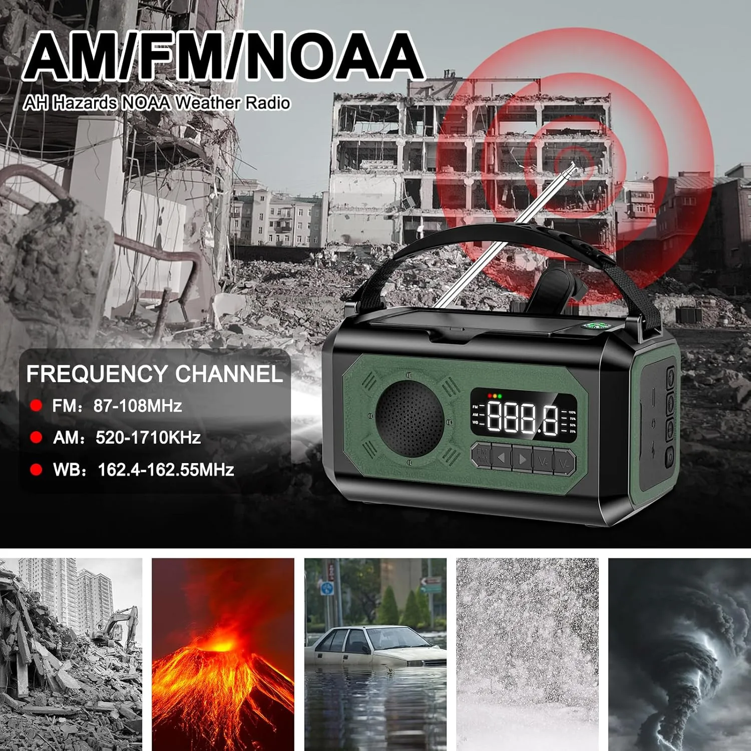 12000mAh Emergency Radio, Hand Crank Radio, Portable Weather Alert Radio AM/FM/NOAA, Solar Radio with Flashlight, Reading Lamp, SOS Alarm, Power Bank, for Home & Outdoor Emergency(Green)