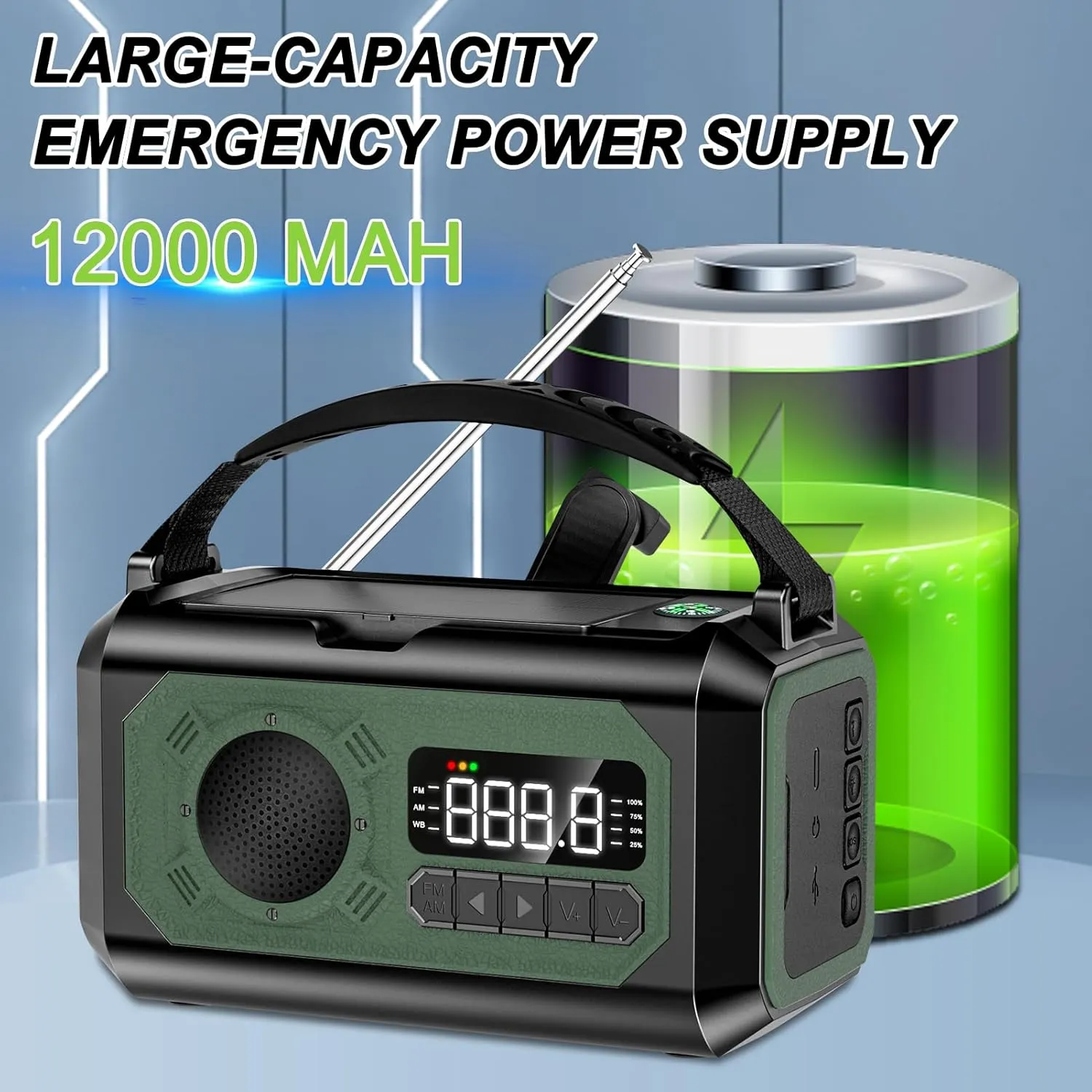 12000mAh Emergency Radio, Hand Crank Radio, Portable Weather Alert Radio AM/FM/NOAA, Solar Radio with Flashlight, Reading Lamp, SOS Alarm, Power Bank, for Home & Outdoor Emergency(Green)
