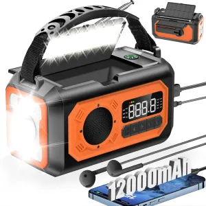12000mAh Emergency Weather Radio, Hand Crank Solar Portable AM/FM/NOAA Radio with 2 Solar Panels 3 Charging Methods SOS Alarm 3 Mode Flashlight Phone Charger Compass Reading Lamp