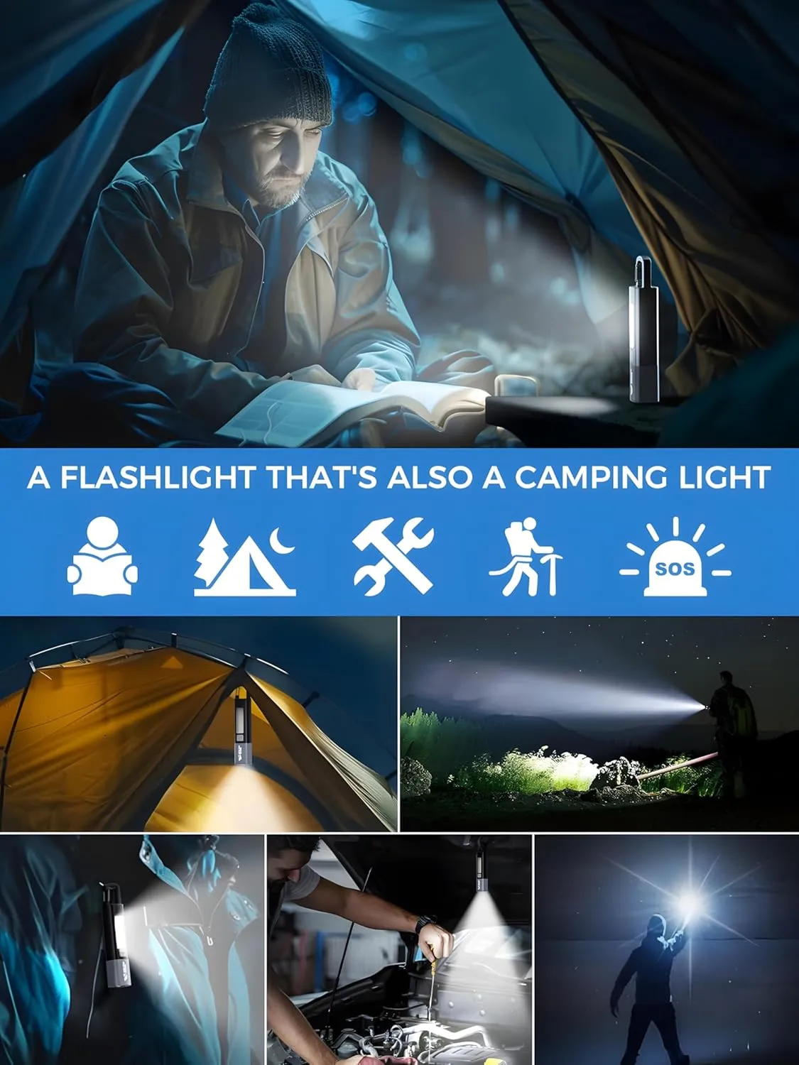 1200mAh Portable Torch LED Work Light, COB Side G1 Flash Light, 3 Modes Zoomable Focus White Waterproof Powerful Super Bright EDC, Outdoor Emergency, Mini-Rechargeable, Camping Flashlight (2, Black)