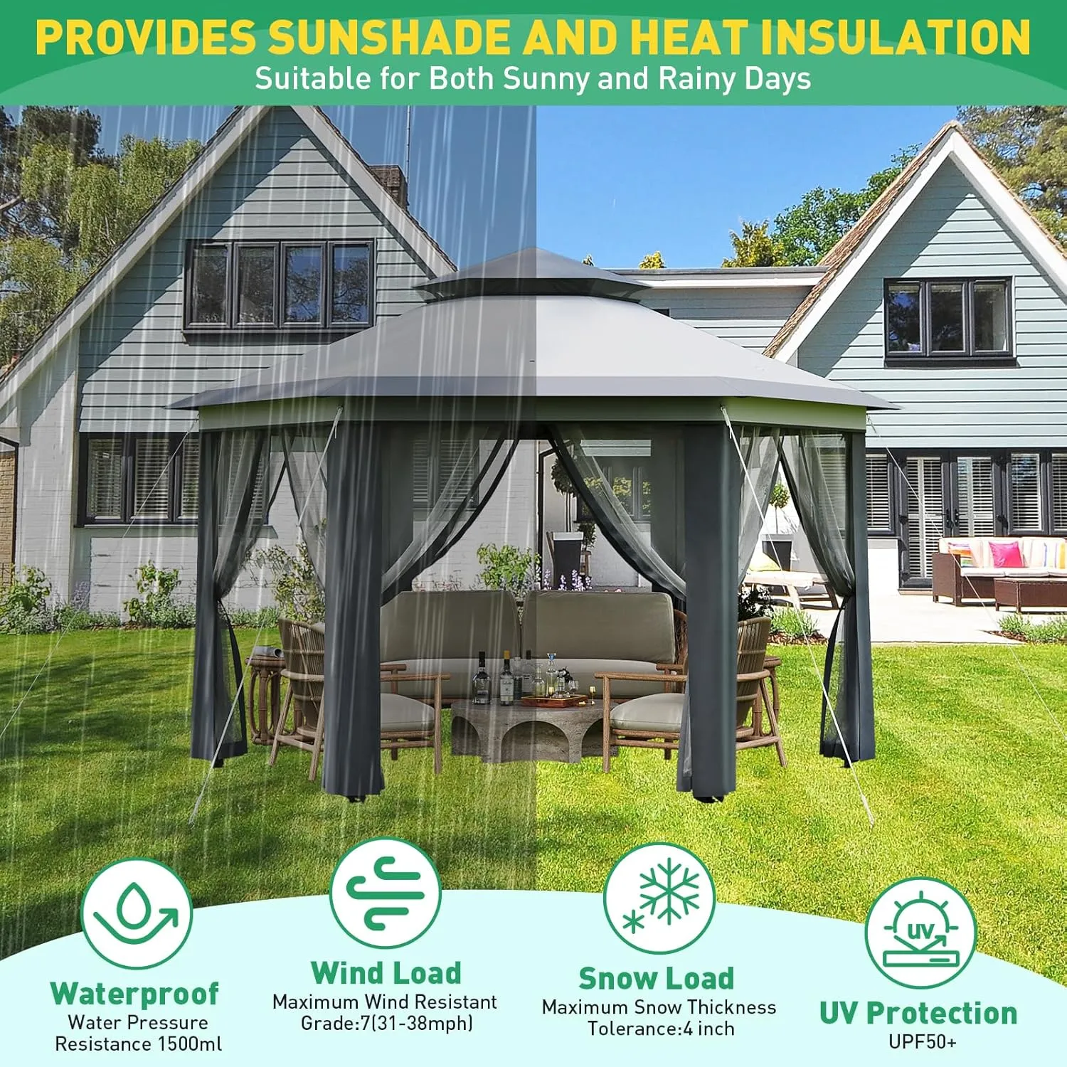 13'X13’ Pop Up Gazebo,Patio Portable Gazebos with Mosquito Netting,Double-Layer Outdoor Canopy Tent,Hexagonal Pavilion for Garden Backyard Lawn & Deck,Heavy Duty Party