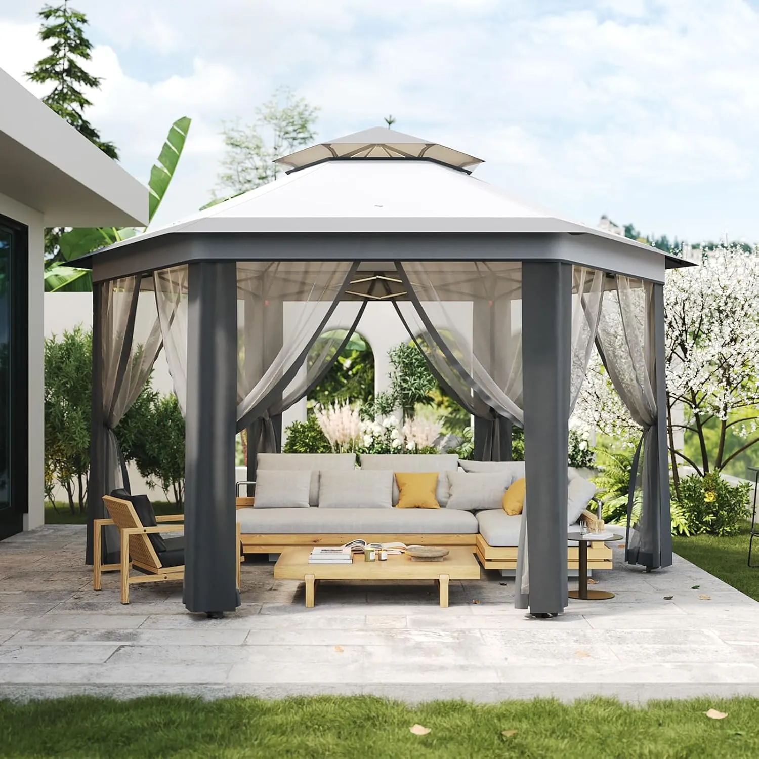 13'X13’ Pop Up Gazebo,Patio Portable Gazebos with Mosquito Netting,Double-Layer Outdoor Canopy Tent,Hexagonal Pavilion for Garden Backyard Lawn & Deck,Heavy Duty Party