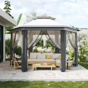 13'X13’ Pop Up Gazebo,Patio Portable Gazebos with Mosquito Netting,Double-Layer Outdoor Canopy Tent,Hexagonal Pavilion for Garden Backyard Lawn & Deck,Heavy Duty Party