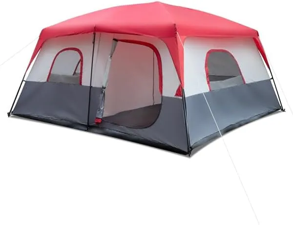 14-Person Camping Tent, Mosquito Repellent Waterproof Windproof Family Tent, Double Layer, Easy Set Up, Portable with Carry Bag, for All Seasons - Red and White, SY-LHJ4-68248366
