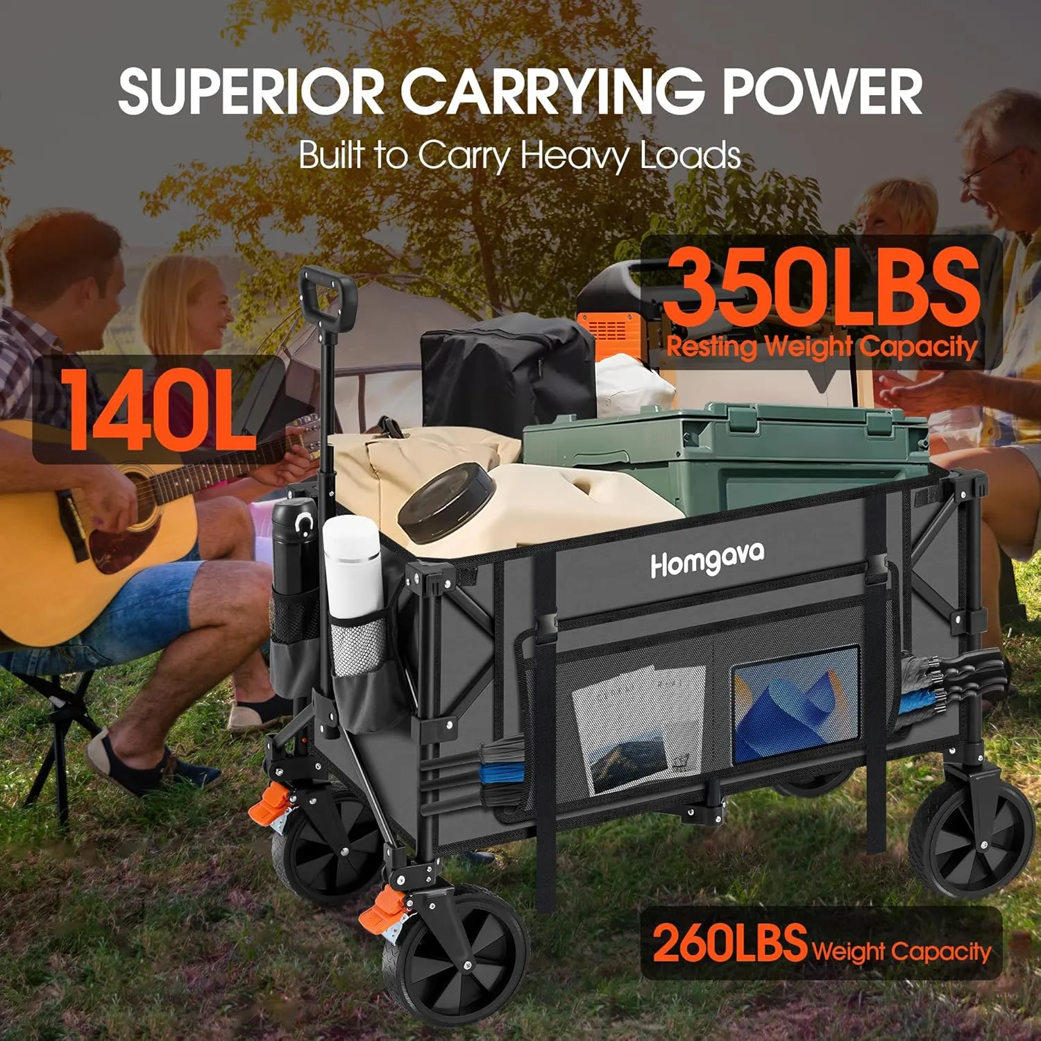 140L Collapsible Folding Wagon Cart with 350LBS Resting Weight Capacity, Heavy Duty Garden Cart with All-Terrain&Brake Wheel, Utility Wagon with Side Pocket for Camping,Shopping,Sports,Grey