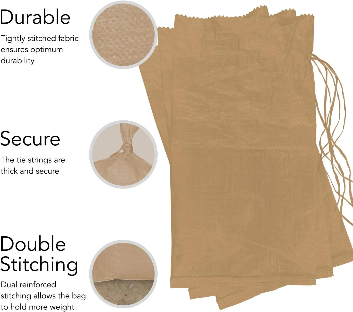 14" x 26" Poly Sandbags W/UV Protection & Built-in Ties - Flood Water Barrier - Tent Sandbags - Tan