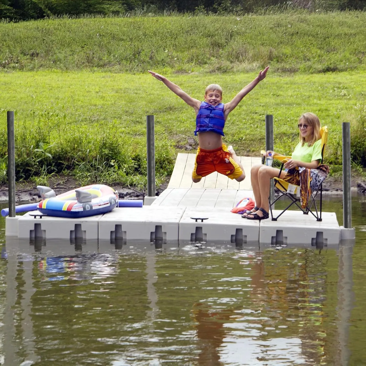 15-Foot Floating Dock Kit, T-Shape Floating Dock for Lakes and Ponds for Fishing, Swimming, Boats, Complete Kit with Modular Sections, Connectors, and Hardware