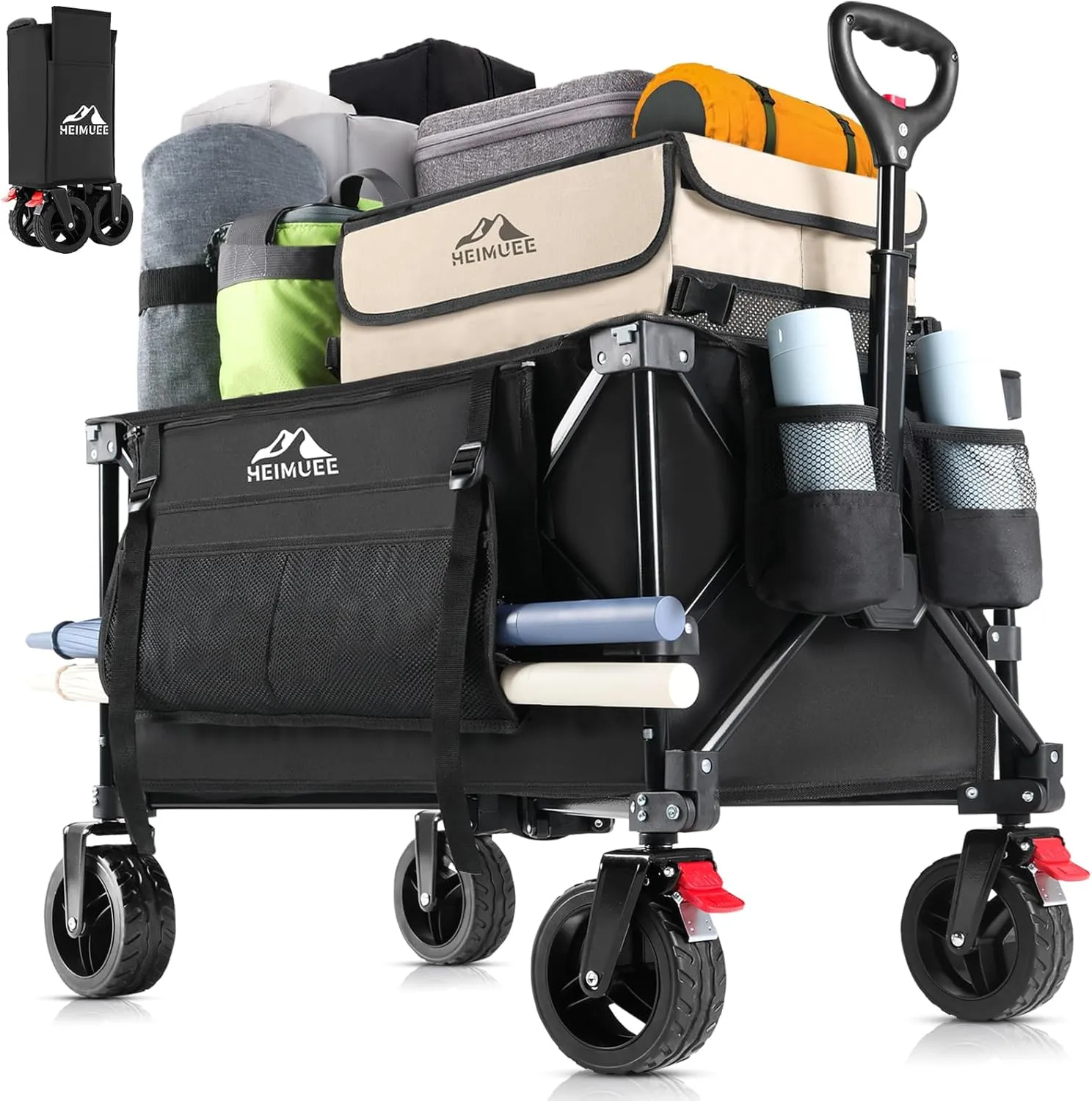 150L Wagon Cart Foldable, Heavy Duty Collapsible Utility Wagon with 220lbs Capacity, All-Terrain Beach Wheels, Portable Garden Cart for Camping, Sports, Outdoor, Shopping, Black