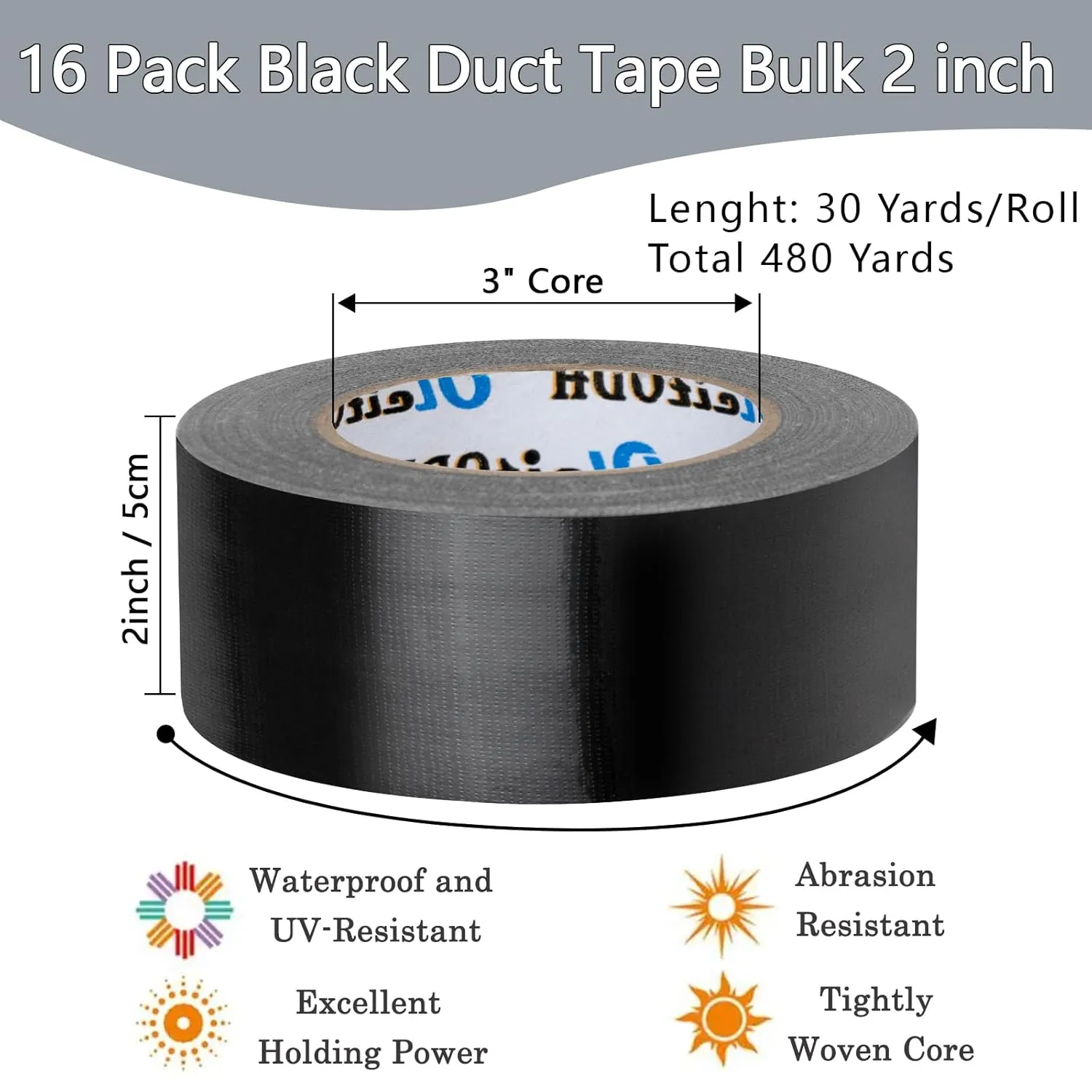 16 Pack Black Duct Tape - 2 Inch Heavy Duty 30 Yards Each, Strong No Residue All-Weather Tape, Tear by Hand, Multi-Use for Indoor & Outdoor Repairs, Industrial, Professional Use