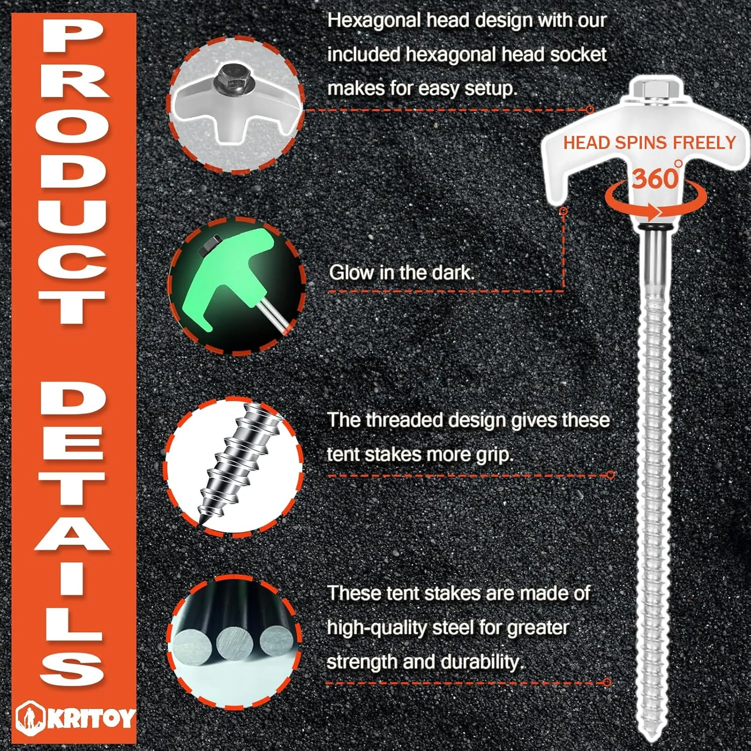 16 Pack Tent Stakes Heavy Duty - 8" Ground Anchors Screw in - Camping Stakes with Grow in The Dark Heads - Metal Threaded Tent Spikes with 1 Hex Head Driver, 1Stopper T Pull Hook and Storage Bag