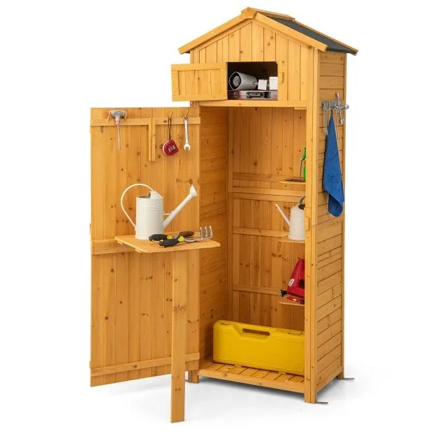 180.5CM Tall Outdoor Storage Shed with Lockable Doors and Foldable Table
