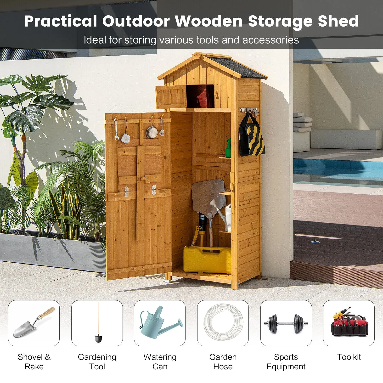 180.5CM Tall Outdoor Storage Shed with Lockable Doors and Foldable Table