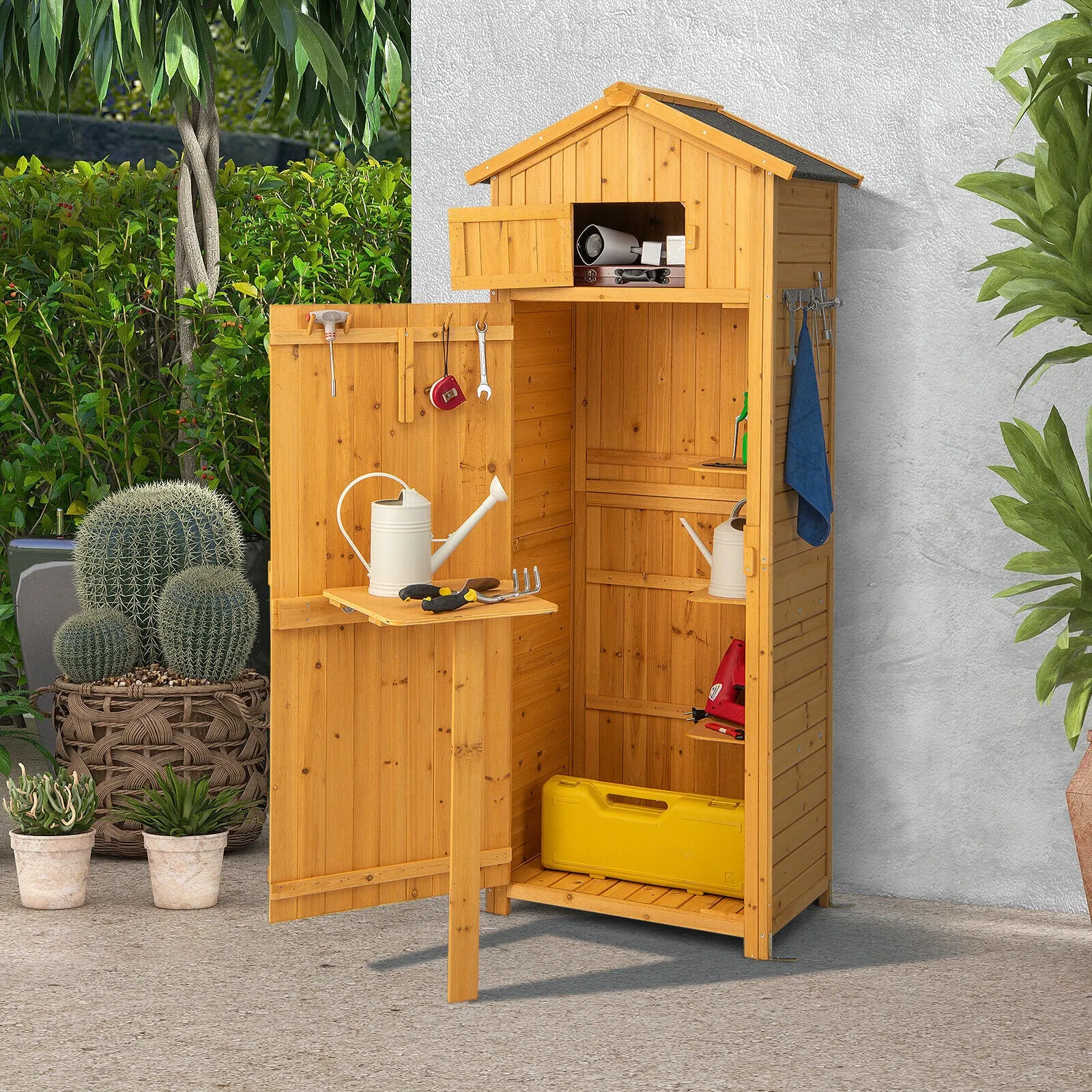 180.5CM Tall Outdoor Storage Shed with Lockable Doors and Foldable Table