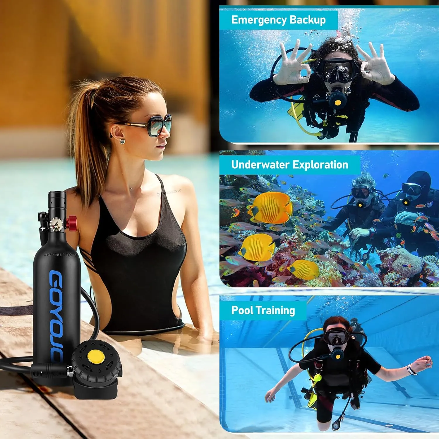 1L Mini Scuba Tank with Mask – DOT Certified Portable Diving Air Tank, 3000 PSI Max Pressure, 8 Minute Underwater Breathing for Snorkeling & Scuba Diving