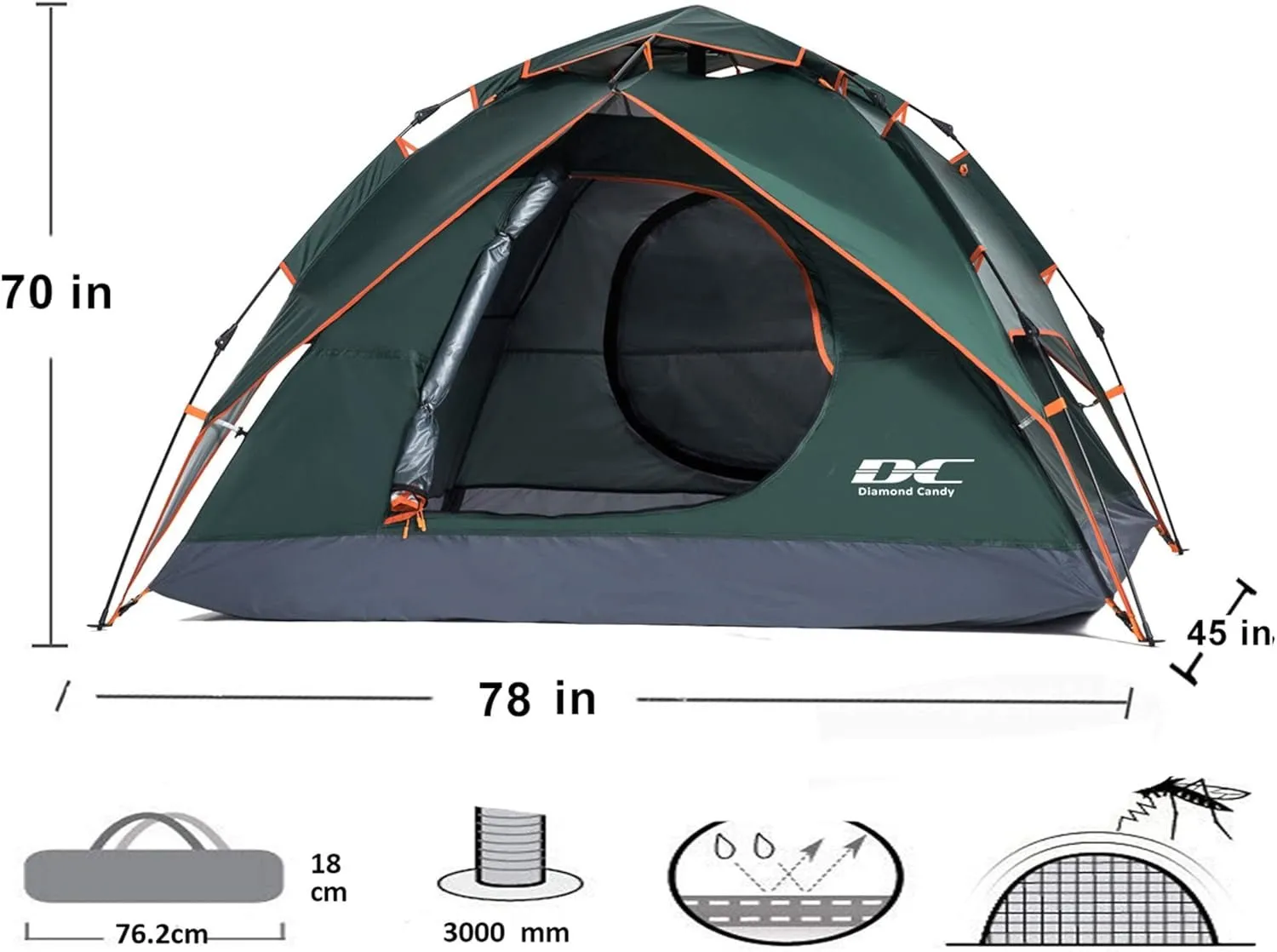 2-3 Person Pop Up Camping Tent, 3000Mm Waterproof, Instant Setup