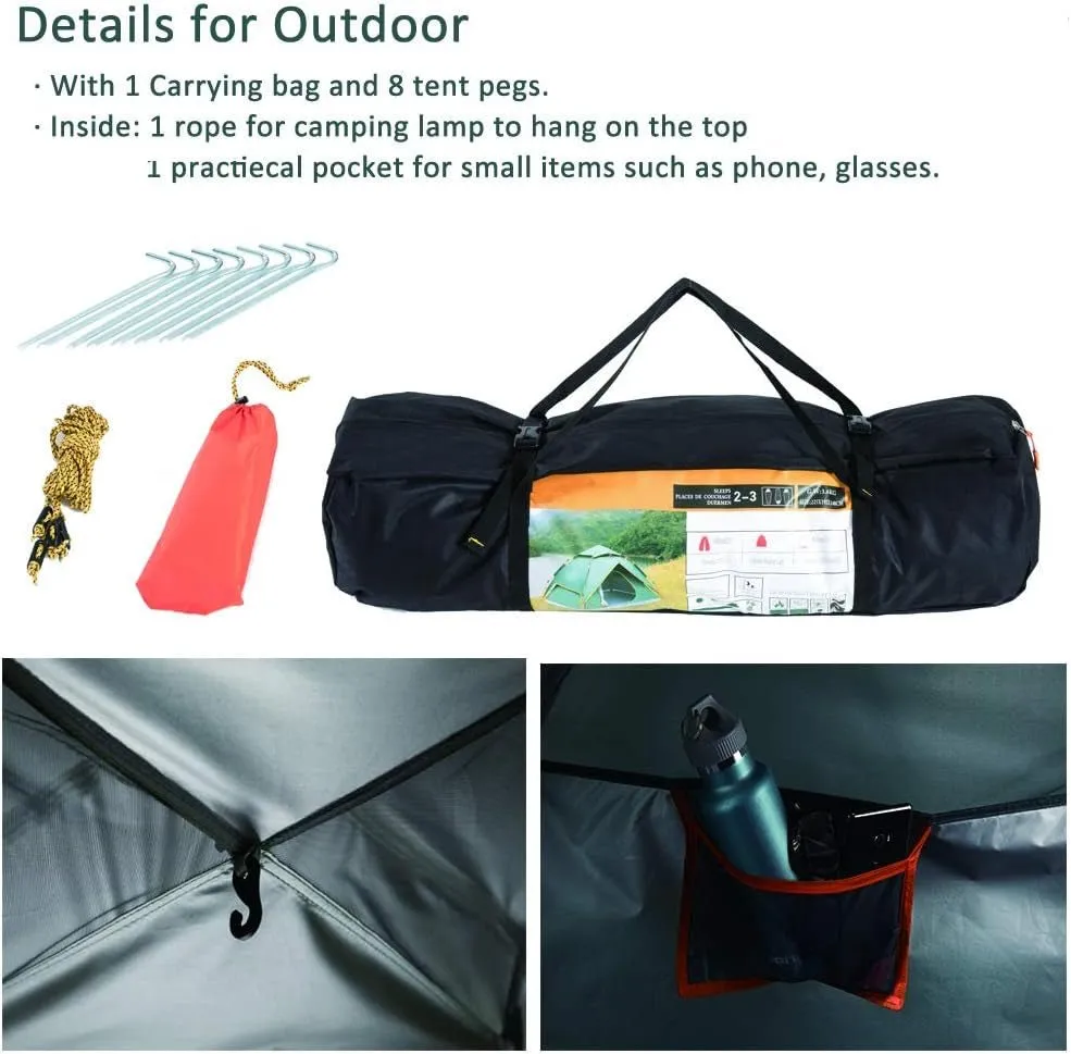 2-3 Person Pop Up Camping Tent, 3000Mm Waterproof, Instant Setup