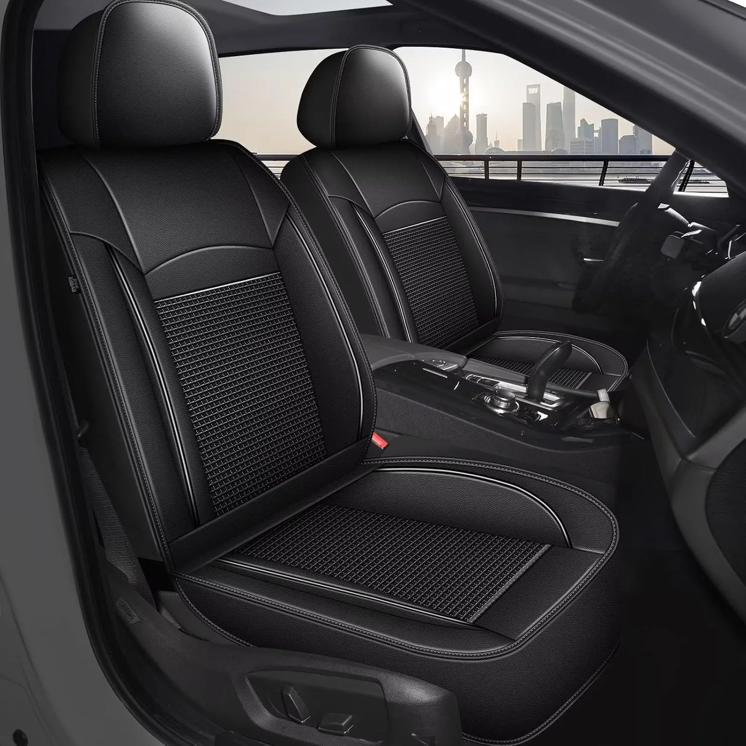 2 Front Car Seat Covers Fit for Chevy/Chevrolet Suburban 2009-2023 2024 2025 Ice Silk Leather Breathable Waterproof Automotive Seat Cushion Compatible Airbag (2 Seats & Black)