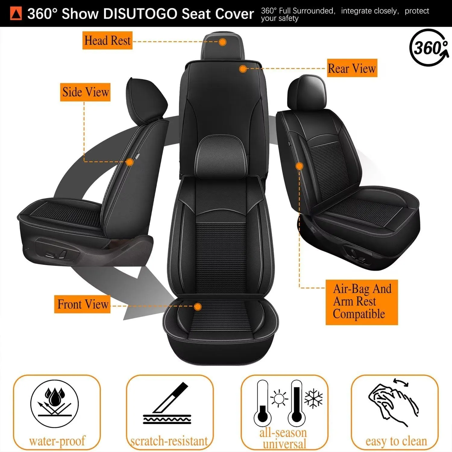 2 Front Car Seat Covers Fit for Chevy/Chevrolet Suburban 2009-2023 2024 2025 Ice Silk Leather Breathable Waterproof Automotive Seat Cushion Compatible Airbag (2 Seats & Black)