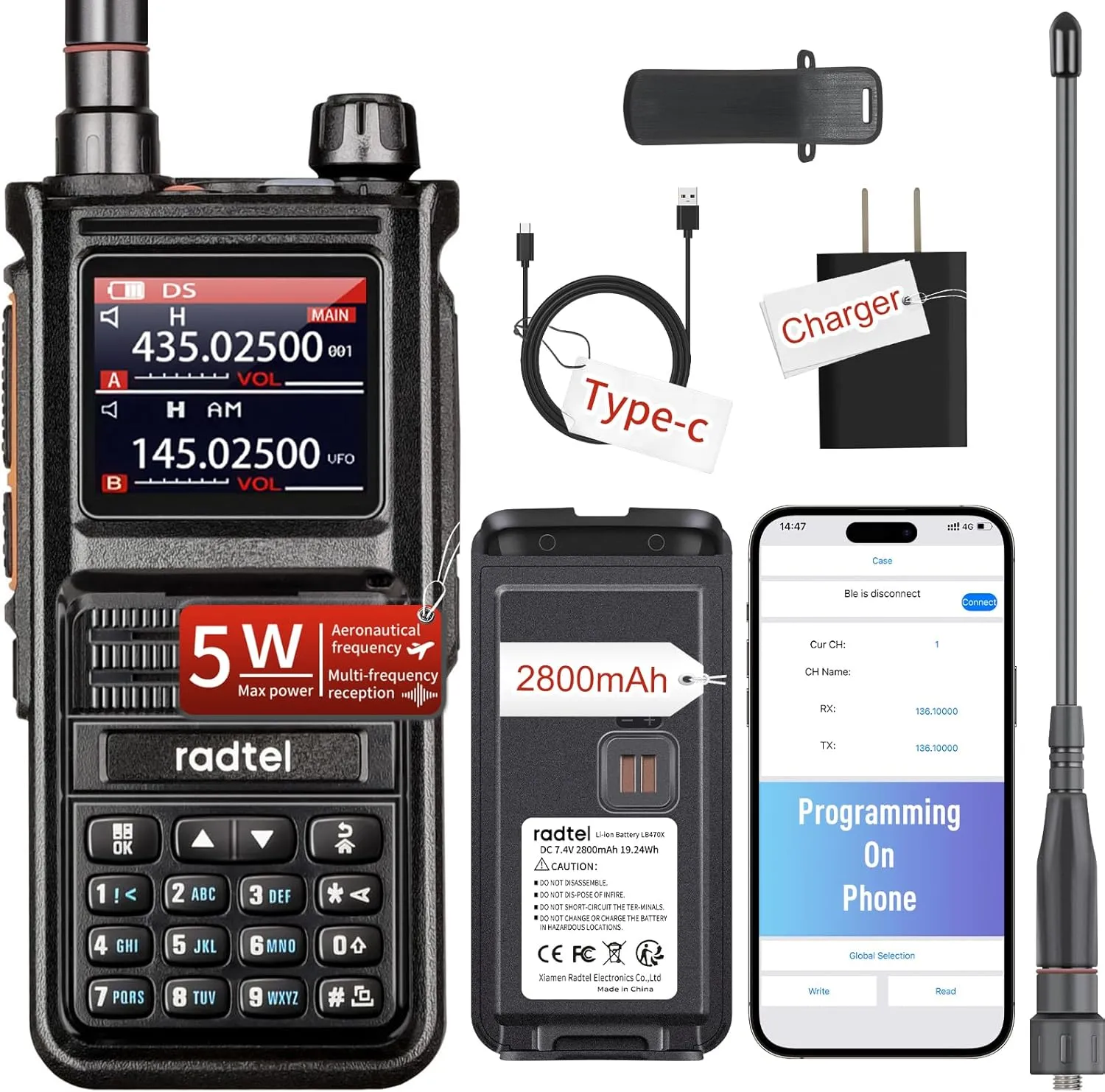 (2 Gen) Radtel RT-470X Plus Tri Band Ham Radio (Mobile App Bluetooth Programming) 256CH Aviation Air Band Radio Long Range Handheld Walkie Talkie NOAA USB-C Rechargeable AM FM