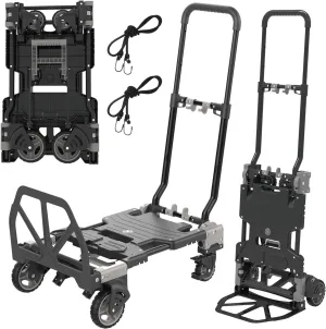 2-in-1 Folding Hand Truck, 330LBS Capacity Heavy Duty Dolly with Retractable Handle, 4 Wheels and 2 Wheels Convertible Dolly Cart, Utility Luggage Cart with 2 Elastic Ropes (Grey, Without Basket)