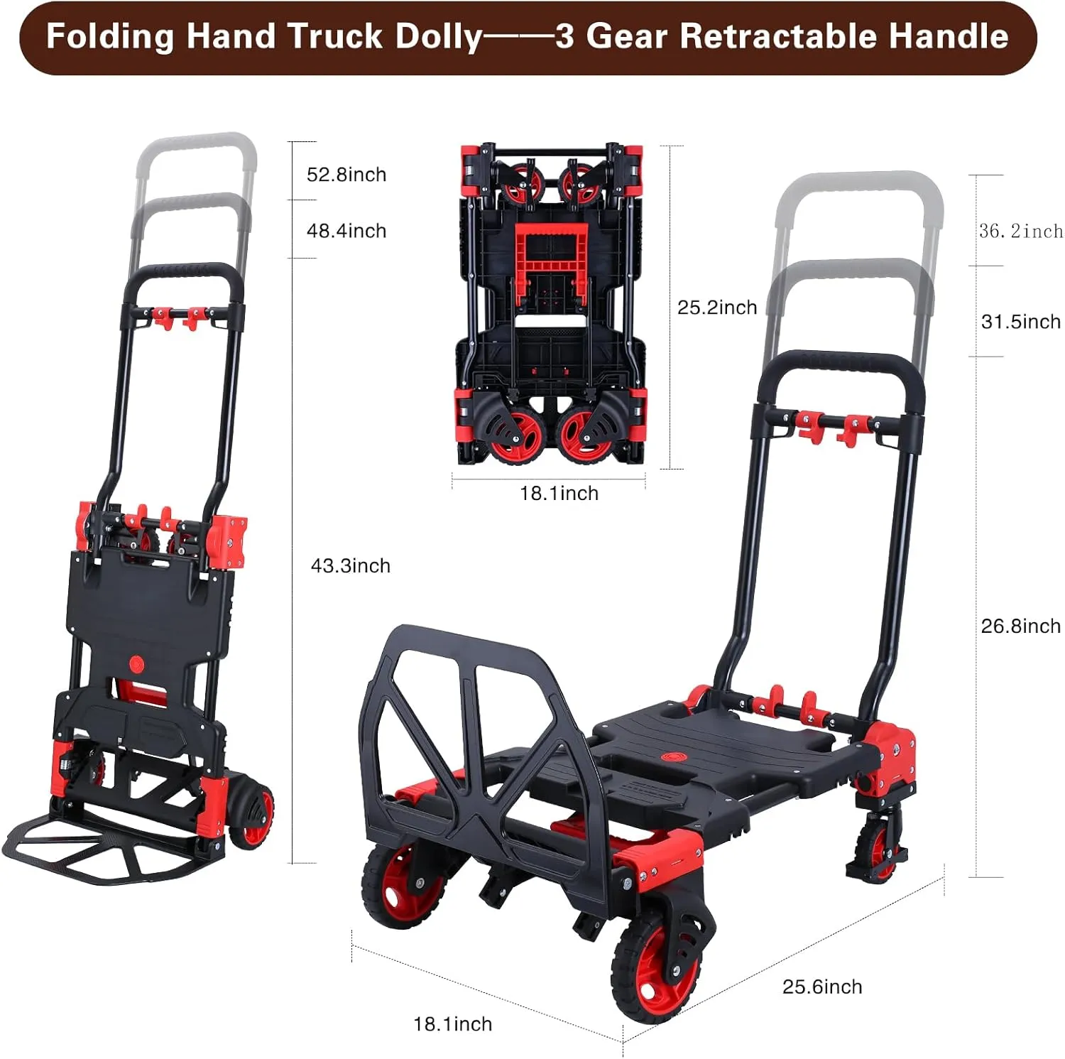 2-in-1 Folding Hand Truck Dolly 330LB Load Carrying,Hand Truck Foldable Dolly with Retractable Handle and 4 Rubber Wheels,Portable Folding Hand Cart for Luggage/Travel/Office