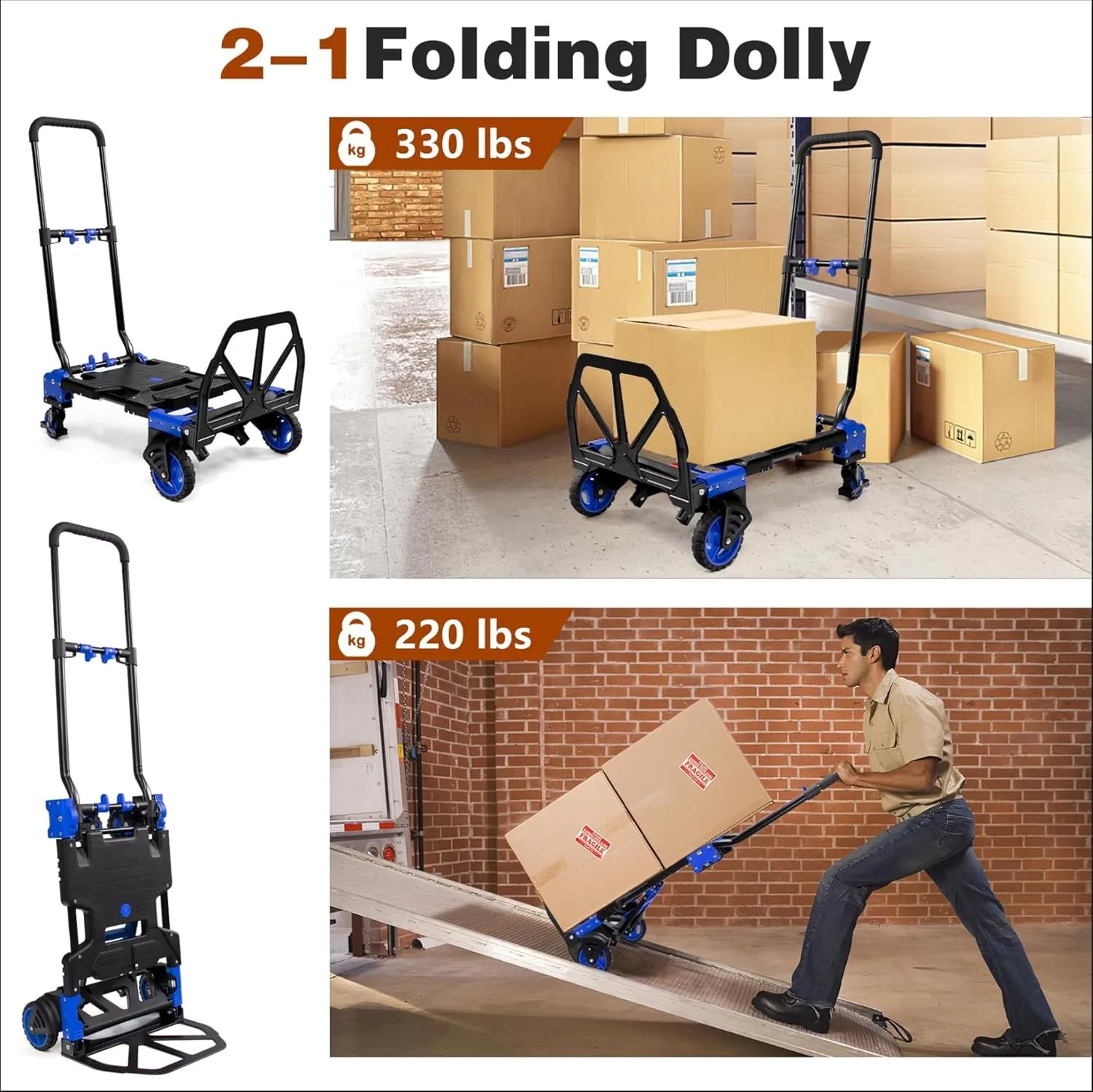 2 in 1 Hand Truck Dolly Foldable with Basket,Hand Truck Foldable with Retractable Handle,330LBS Capacity Folding Hand Cart,Portable Dolly Cart with Wheels for Moving