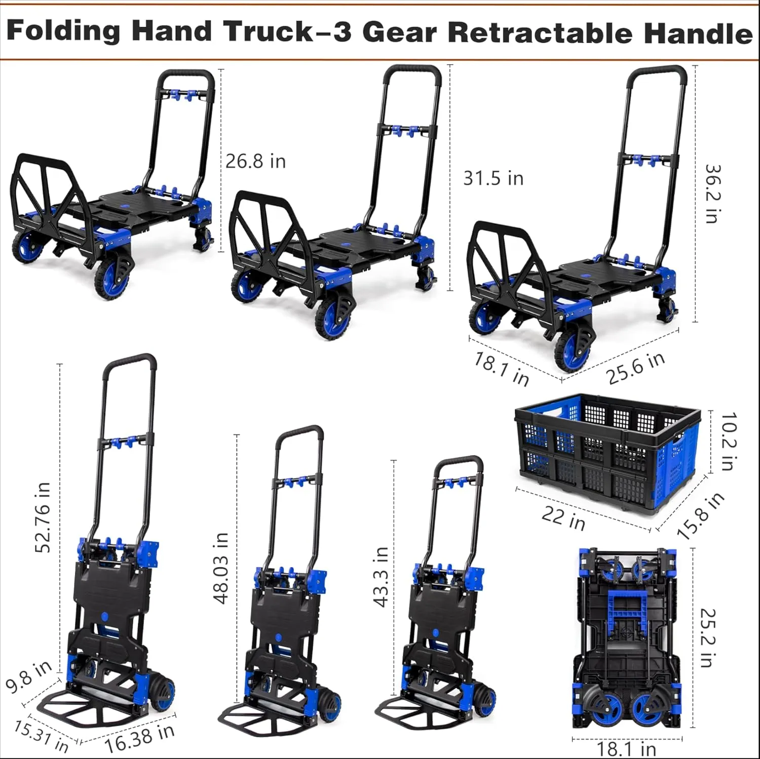 2 in 1 Hand Truck Dolly Foldable with Basket,Hand Truck Foldable with Retractable Handle,330LBS Capacity Folding Hand Cart,Portable Dolly Cart with Wheels for Moving