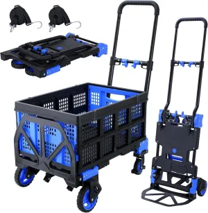 2 in 1 Hand Truck Dolly Foldable with Basket,Hand Truck Foldable with Retractable Handle,330LBS Capacity Folding Hand Cart,Portable Dolly Cart with Wheels for Moving