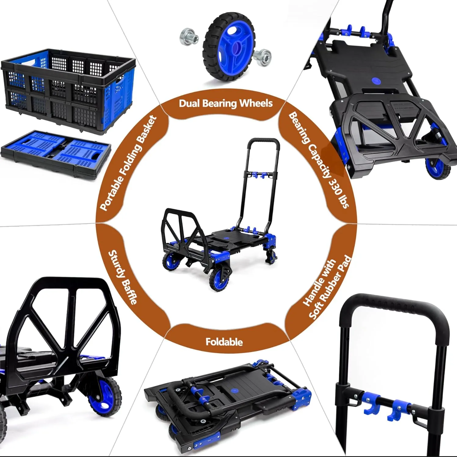 2 in 1 Hand Truck Dolly Foldable with Basket,Hand Truck Foldable with Retractable Handle,330LBS Capacity Folding Hand Cart,Portable Dolly Cart with Wheels for Moving