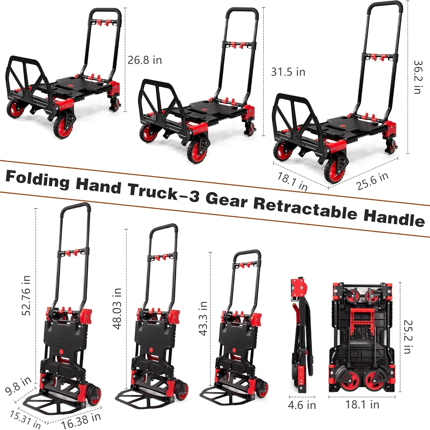 2 in 1 Hand Truck Dolly Foldable,330LB Capacity Portable Folding Hand Cart,Hand Truck Foldable with Retractable Handle,Folding Dolly Cart with Wheels for Moving