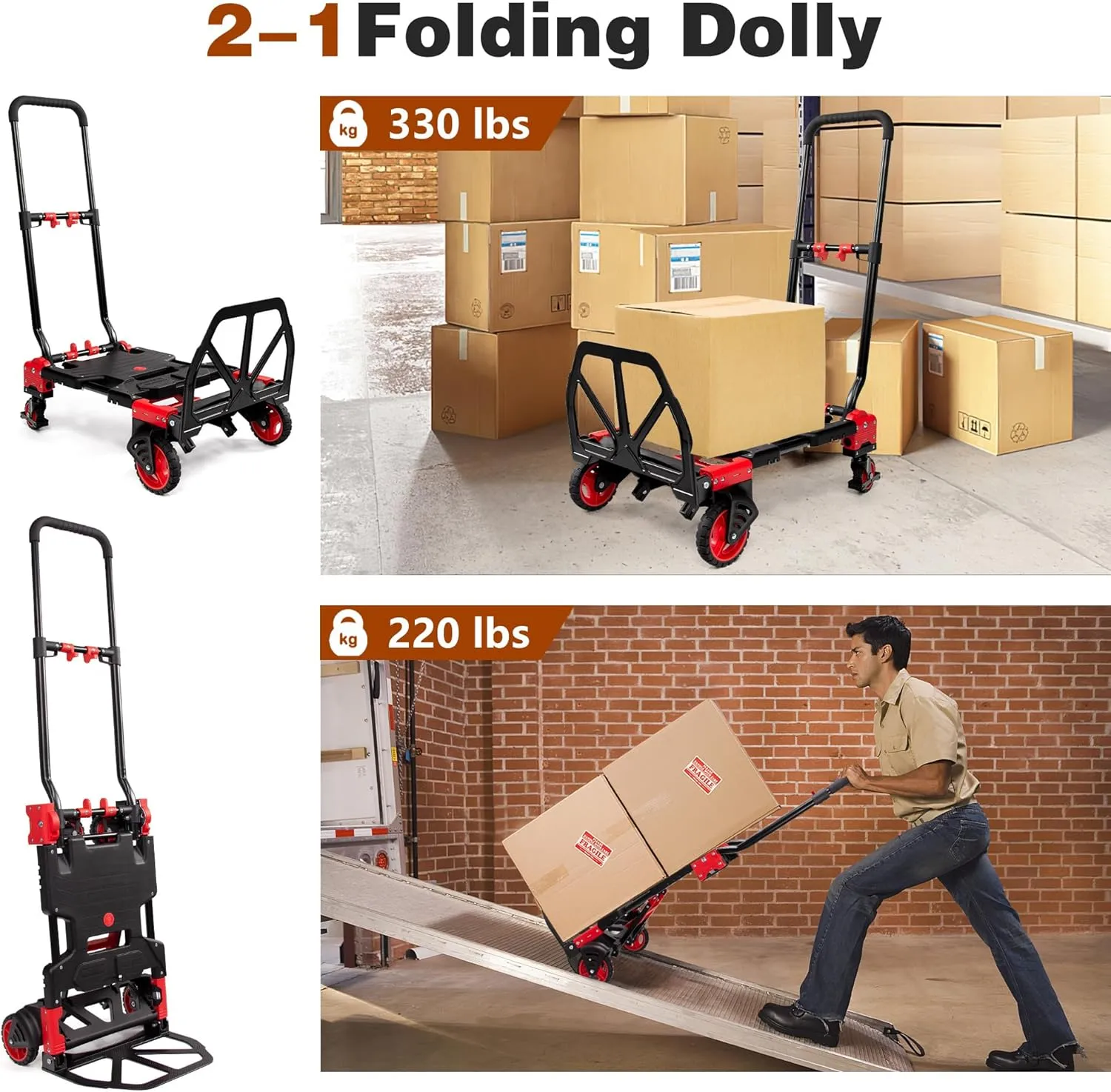 2 in 1 Hand Truck Dolly Foldable,330LB Capacity Portable Folding Hand Cart,Hand Truck Foldable with Retractable Handle,Folding Dolly Cart with Wheels for Moving