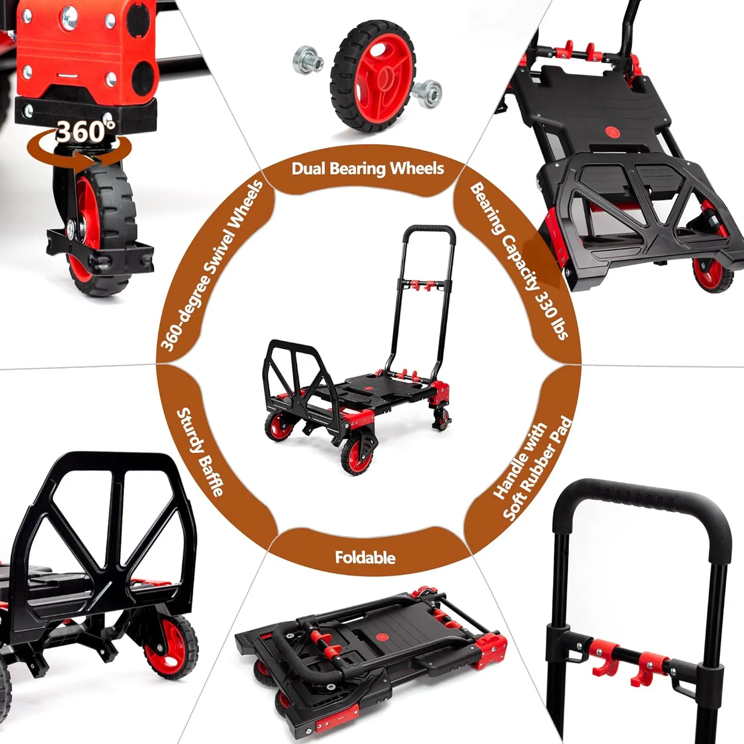 2 in 1 Hand Truck Dolly Foldable,330LB Capacity Portable Folding Hand Cart,Hand Truck Foldable with Retractable Handle,Folding Dolly Cart with Wheels for Moving