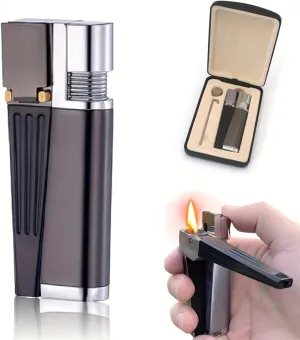 2-in-1 Retro Foldable Lighter with Leather Gift Box, Soft Flame, All-in-One Portable, Refillable Metal Folding Butane Lighter, Gift for Men and Women (Black-1pc)