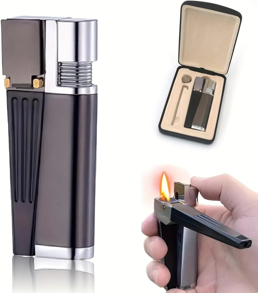 2-in-1 Retro Foldable Lighter with Leather Gift Box, Soft Flame, All-in-One Portable, Refillable Metal Folding Butane Lighter, Gift for Men and Women (Black-1pc)