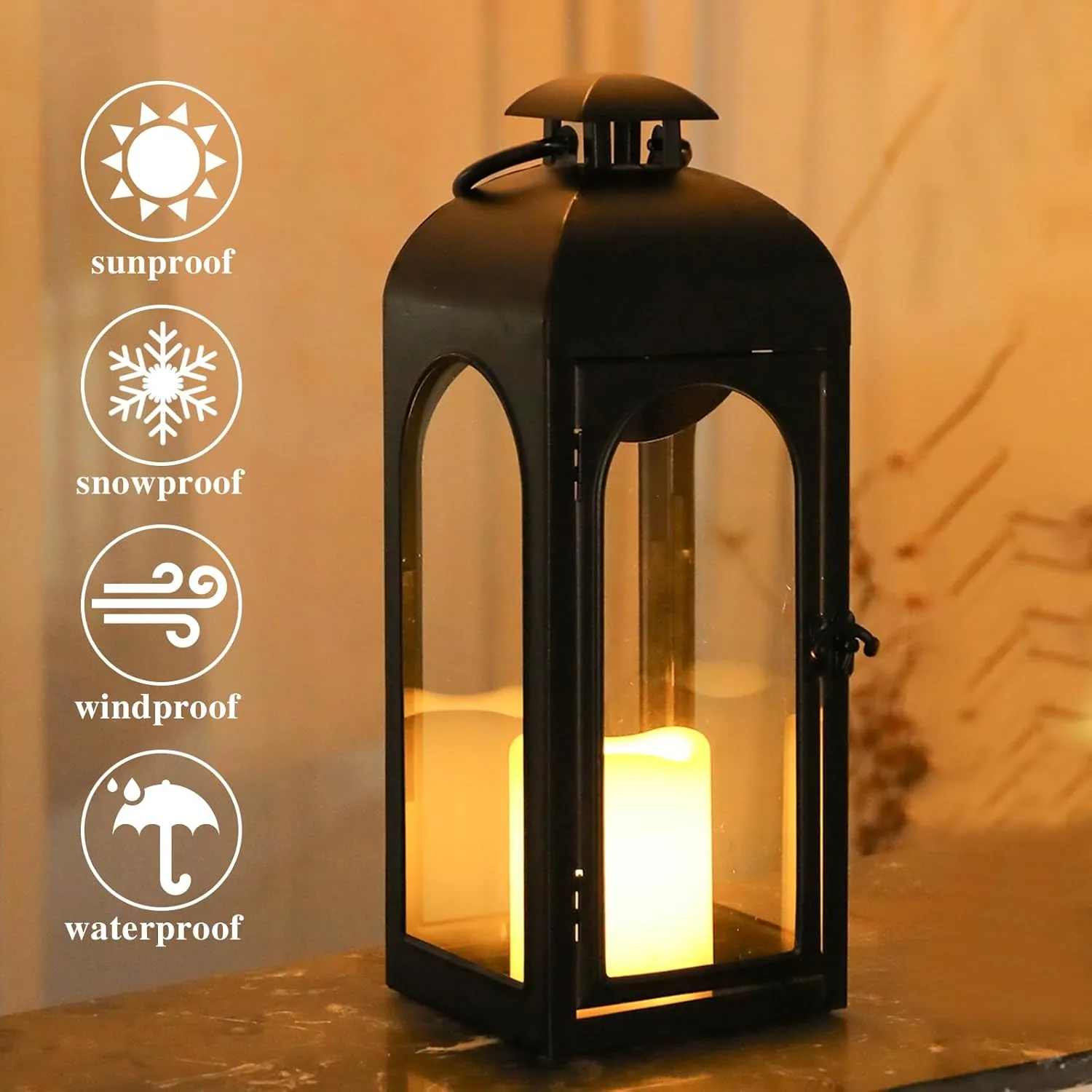 2 Pack 16 Inches Metal and Stainless Steel Glass Decorative Lantern with Electronic Wax Effect - Indoor/Outdoor Decorative Lighting, Handcrafted Aesthetic, Perfect for Home, Parties, and Holiday Decor