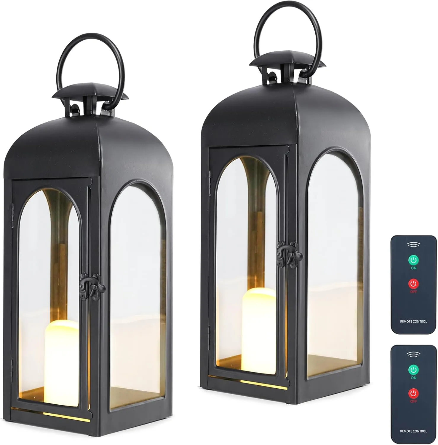 2 Pack 16 Inches Metal and Stainless Steel Glass Decorative Lantern with Electronic Wax Effect - Indoor/Outdoor Decorative Lighting, Handcrafted Aesthetic, Perfect for Home, Parties, and Holiday Decor
