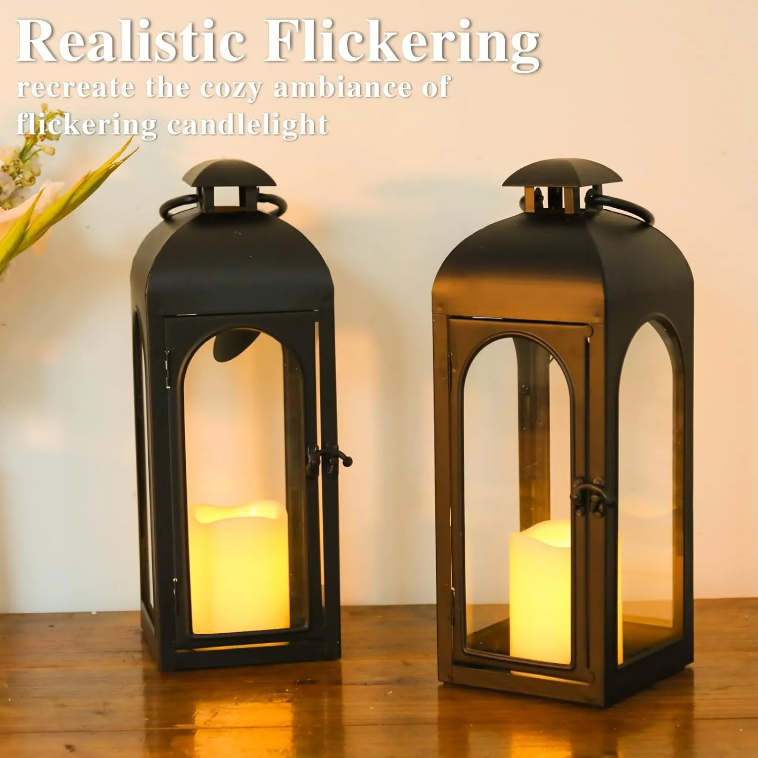 2 Pack 16 Inches Metal and Stainless Steel Glass Decorative Lantern with Electronic Wax Effect - Indoor/Outdoor Decorative Lighting, Handcrafted Aesthetic, Perfect for Home, Parties, and Holiday Decor