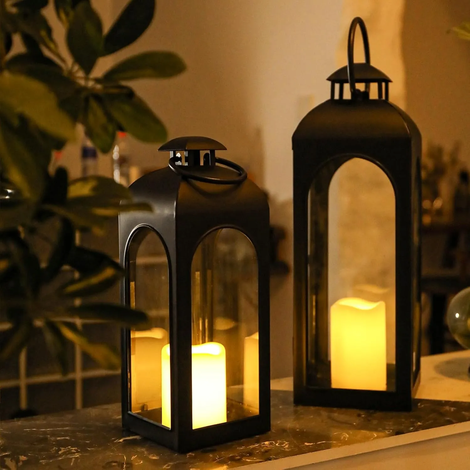 2 Pack 16 Inches Metal and Stainless Steel Glass Decorative Lantern with Electronic Wax Effect - Indoor/Outdoor Decorative Lighting, Handcrafted Aesthetic, Perfect for Home, Parties, and Holiday Decor
