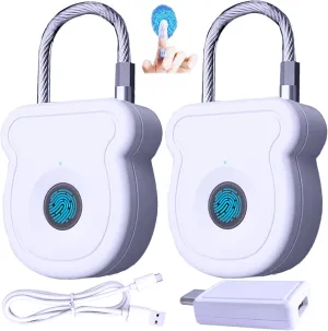 2-Pack Fingerprint Padlock 20-User for Gym Locker, Biometric Keyless Lock w/USB Key for Luggage Backpack Bag Guncase Box Suitcase, Smart Combination Cable Latch for RV Travel School Office