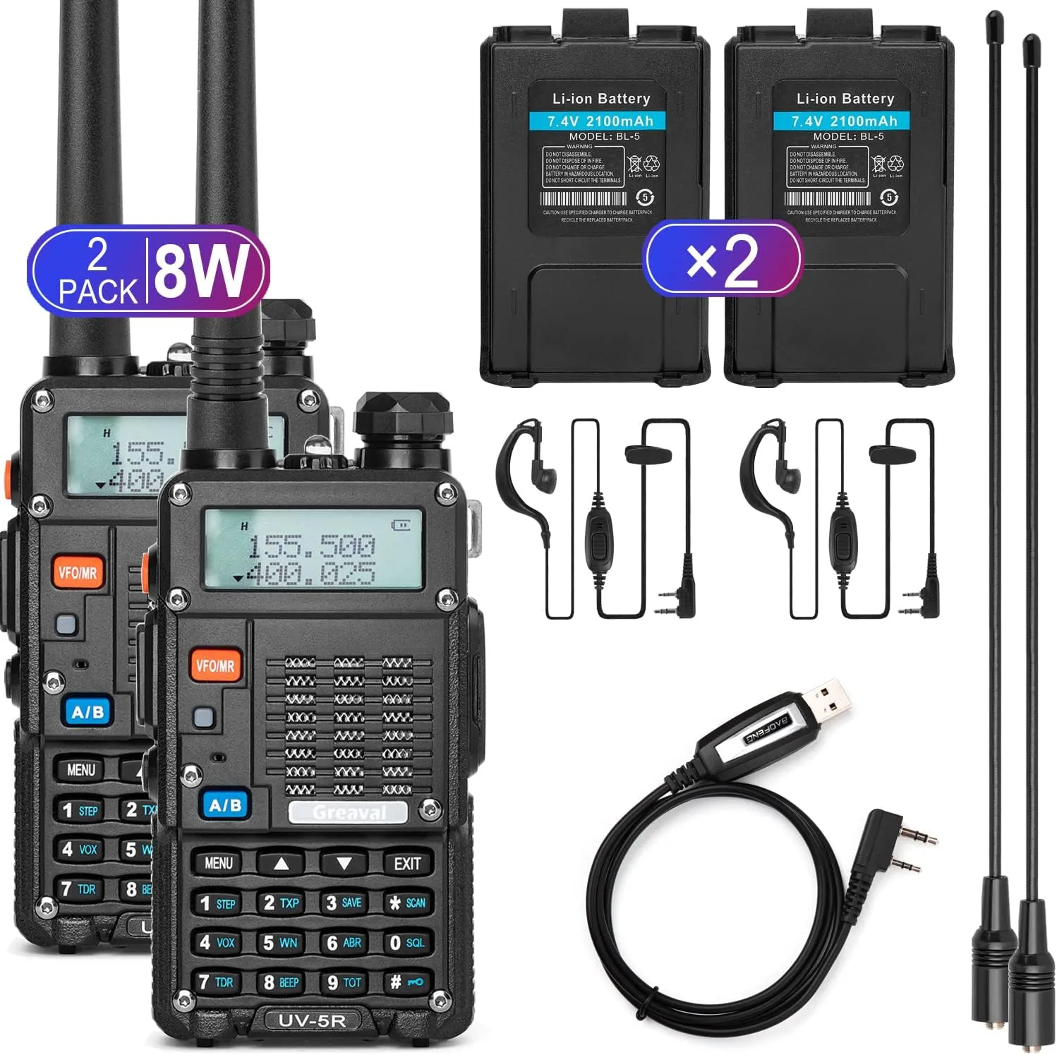 2 Pack Ham Radio Handhaeld 8-Watt (BF UV-5R 3rd Gen) Dual Band 2-Way Radio with 2 Rechargeable Batteries, Compatible with BAOFENG Earpiece and Programming Cable