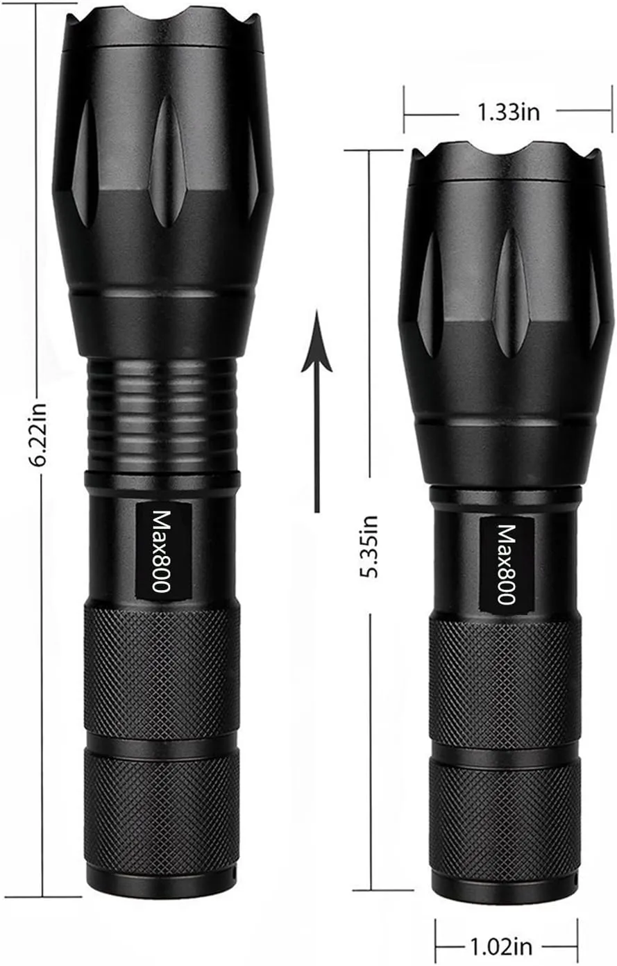2 Pack LED Tactical Flashlight Water Resistant Military Grade 2000 Lumens 5 Modes Zoom Function Ultra Bright Torch