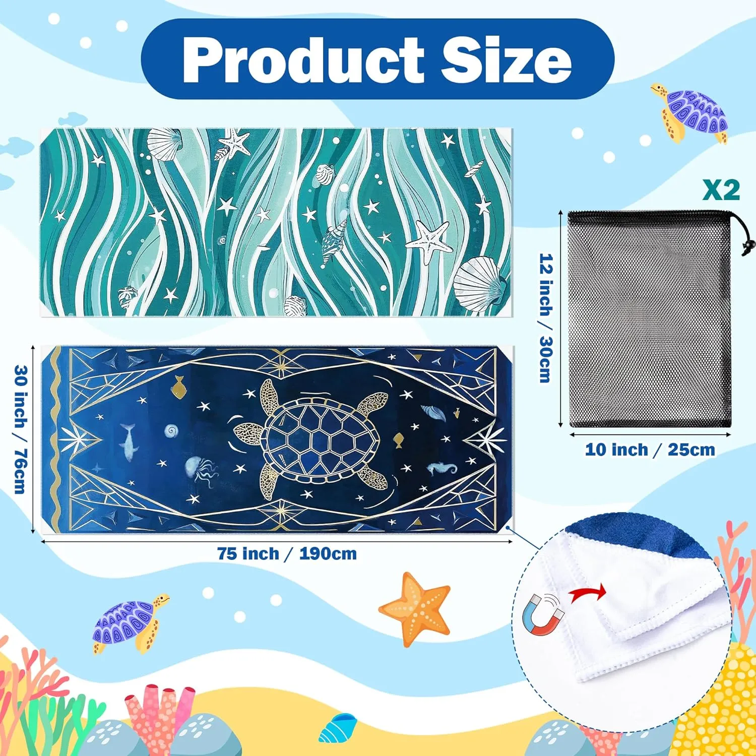 2 Pack Magnetic Beach Towel - 74.8"x30" Turtle Wave Sand Free Quick Dry Microfiber Towel with Built-in Magnets Lightweight for Beach Chair Car Door Pool Travel Camping Yoga with Storage Bag