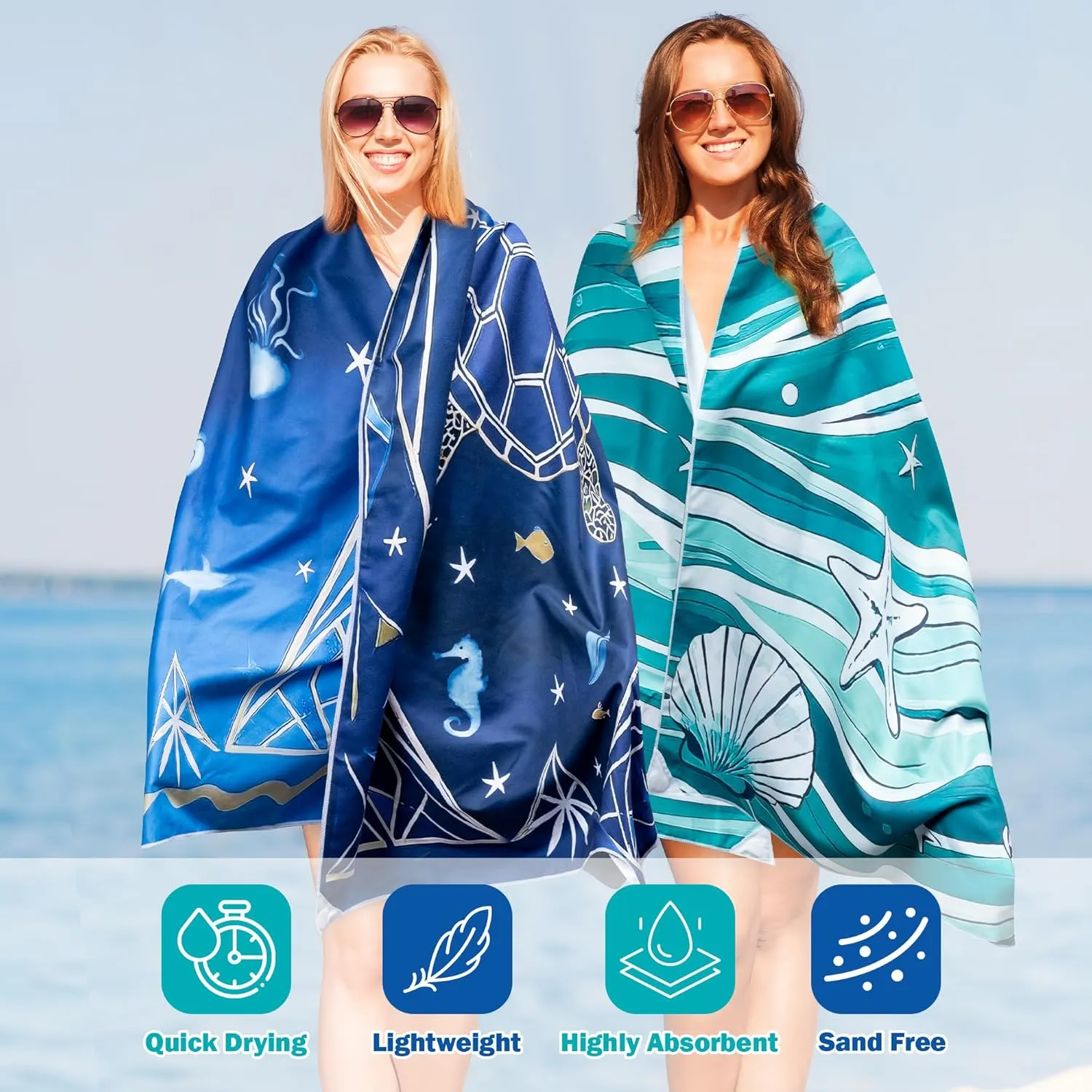 2 Pack Magnetic Beach Towel - 74.8"x30" Turtle Wave Sand Free Quick Dry Microfiber Towel with Built-in Magnets Lightweight for Beach Chair Car Door Pool Travel Camping Yoga with Storage Bag