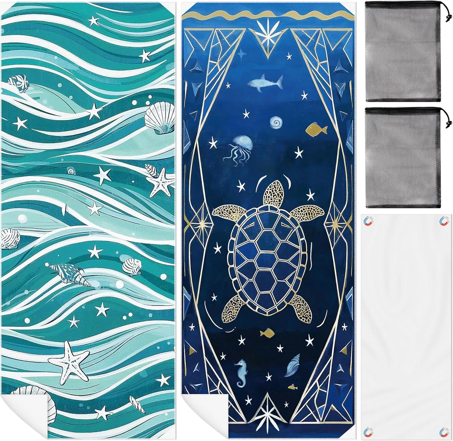 2 Pack Magnetic Beach Towel - 74.8"x30" Turtle Wave Sand Free Quick Dry Microfiber Towel with Built-in Magnets Lightweight for Beach Chair Car Door Pool Travel Camping Yoga with Storage Bag